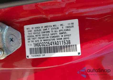 2000 Honda Accord 3.0 Ex from USA, damaged, VIN 1HGCG2254YA011538